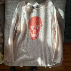 Wooden Ships pale pink and pink Skull Sweater. Wool knit